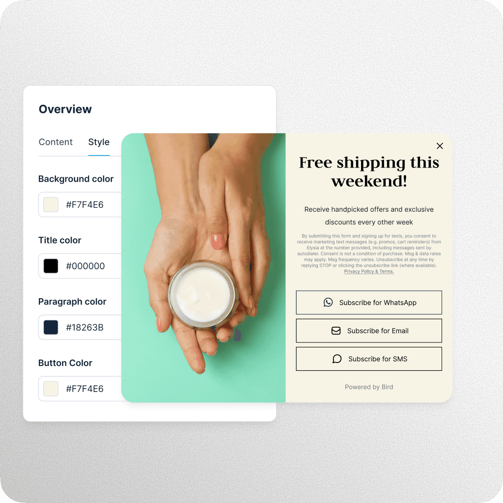 Personalized promotional omnichannel popup offering free shipping for the weekend with options to subscribe via WhatsApp, email, or SMS, featuring customizable background, text, and button colors.