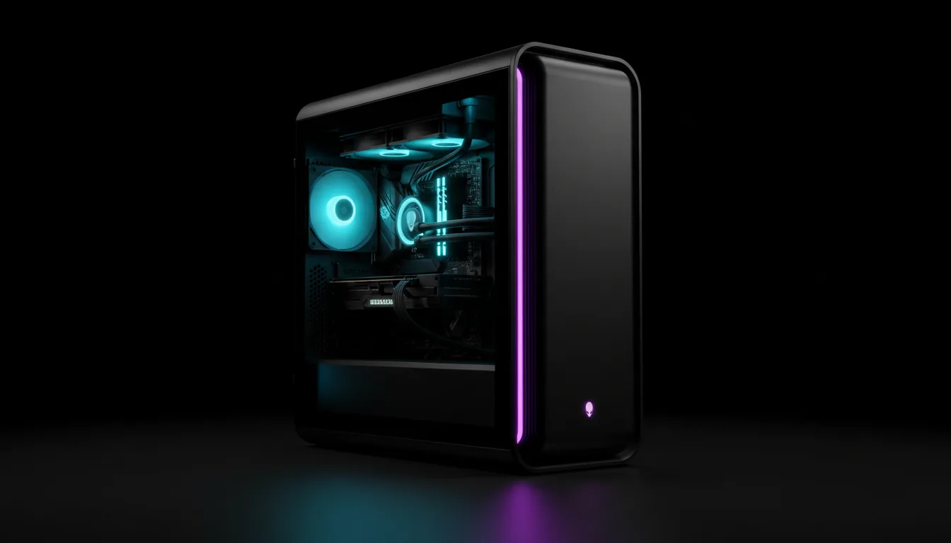 DSLR product photography of a modern Alienware gaming PC workstation, isolated on a pure black background with a subtle floor reflection. The minimalist, matte black chassis has soft, rounded corners and a large tempered glass side panel. The front of the tower is accented by a vibrant, glowing purple neon vertical light strip. Through the glass, the internal liquid cooler and fan are illuminated with a bright cyan glow. Soft studio lighting, sharp focus, high-fidelity details.