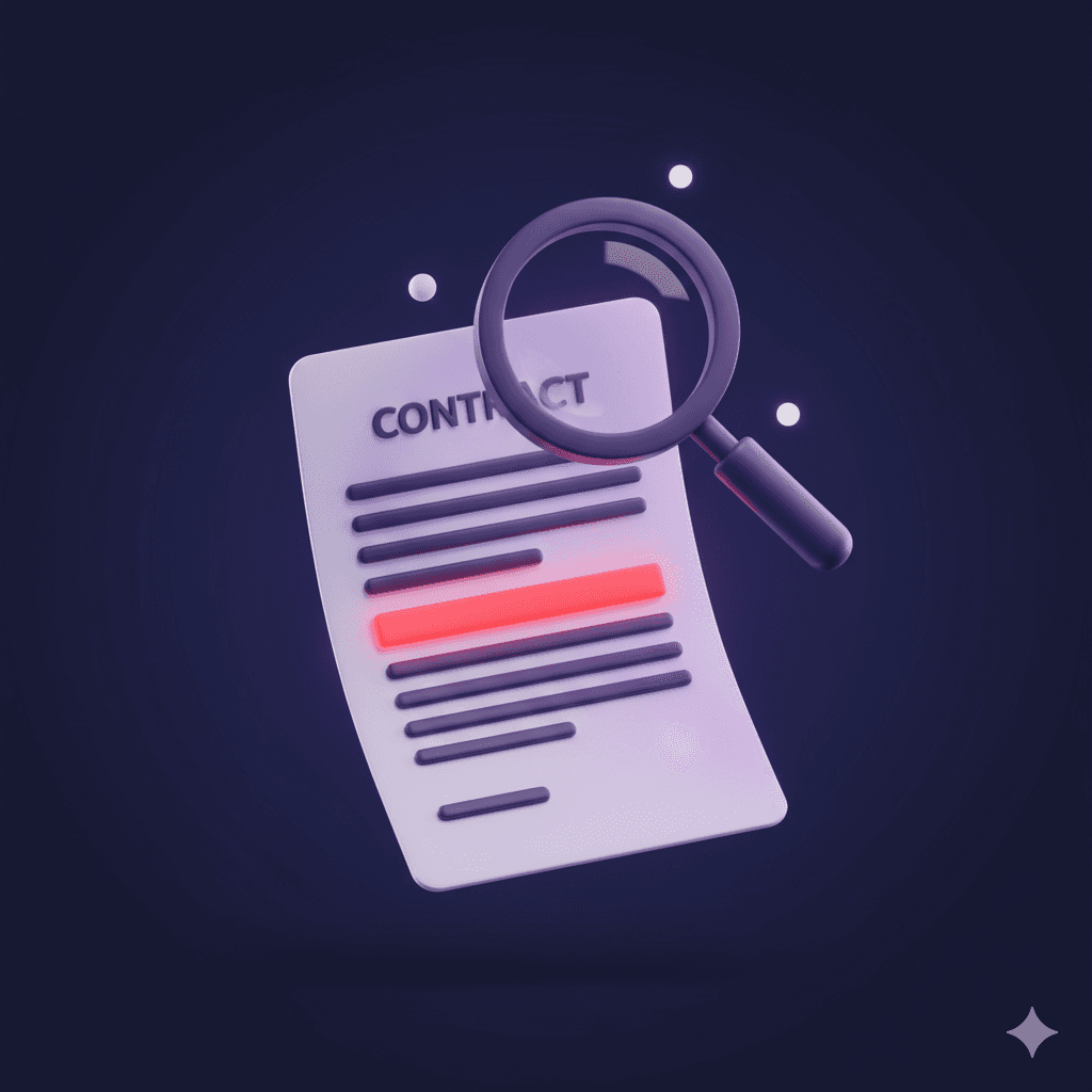 A floating lease contract with a highlighted clause under a magnifying glass casting purple light, symbolising an unenforceable rental agreement term