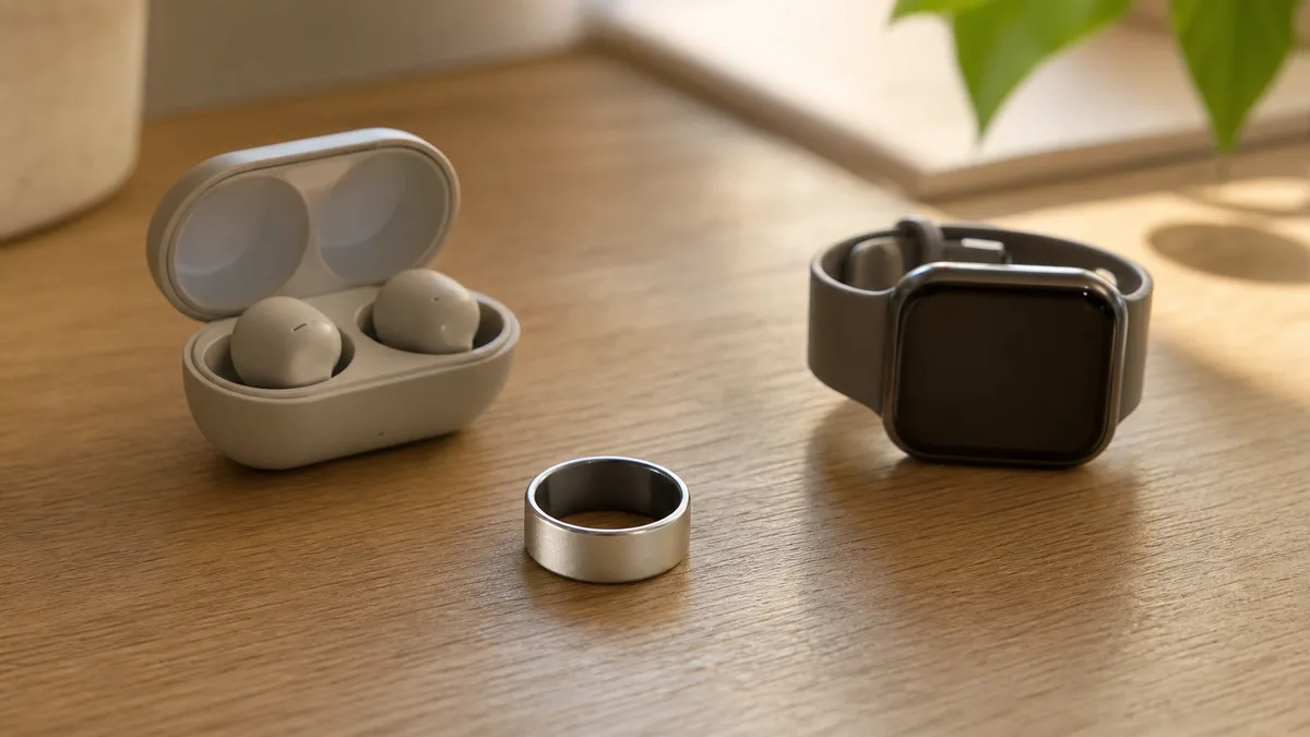 Silver smart tasbih ring beside earbuds and a smartwatch showing Bluetooth interference