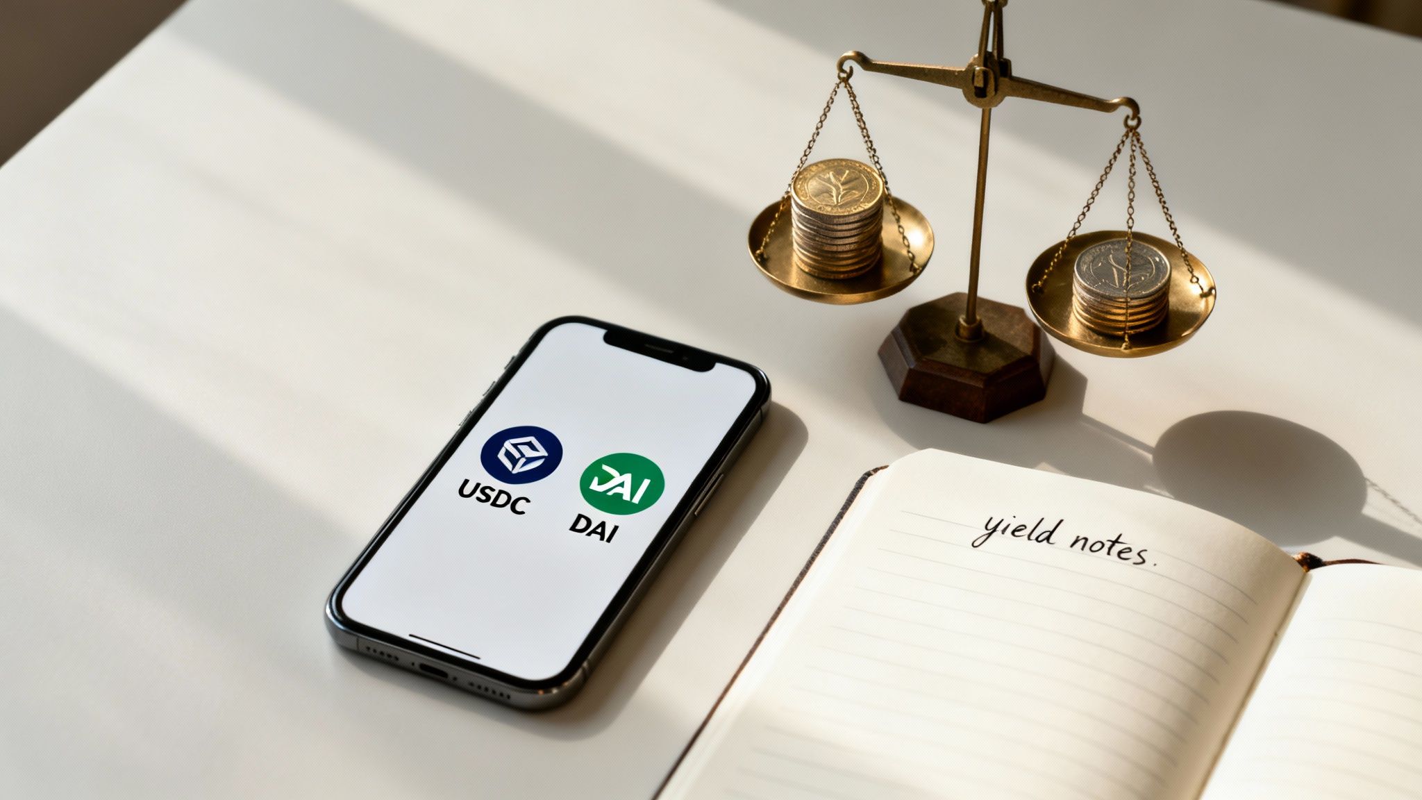 Smartphone displaying USDC and DAI stablecoin logos next to a balance scale with coins and 'yield notes' notebook.