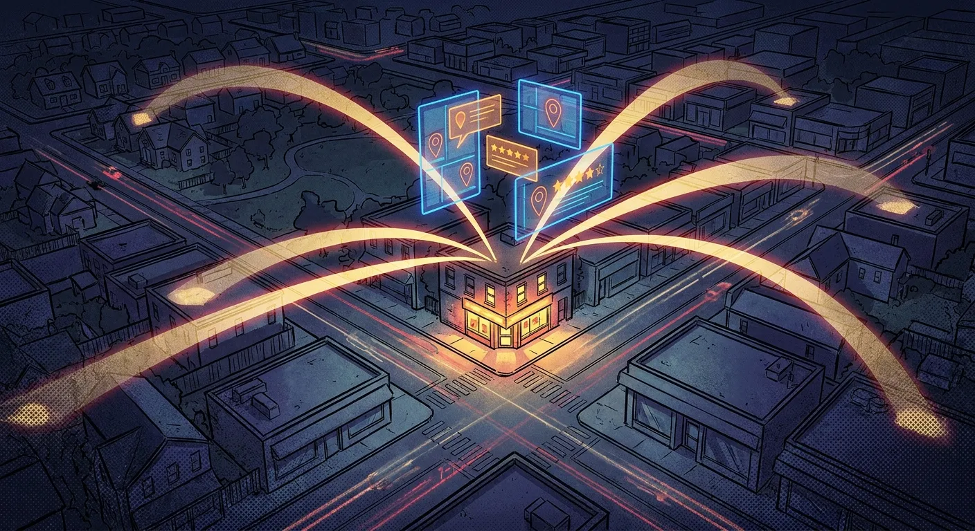 RockN' Socials Digital Marketing Agency hub glowing at city crossroads.