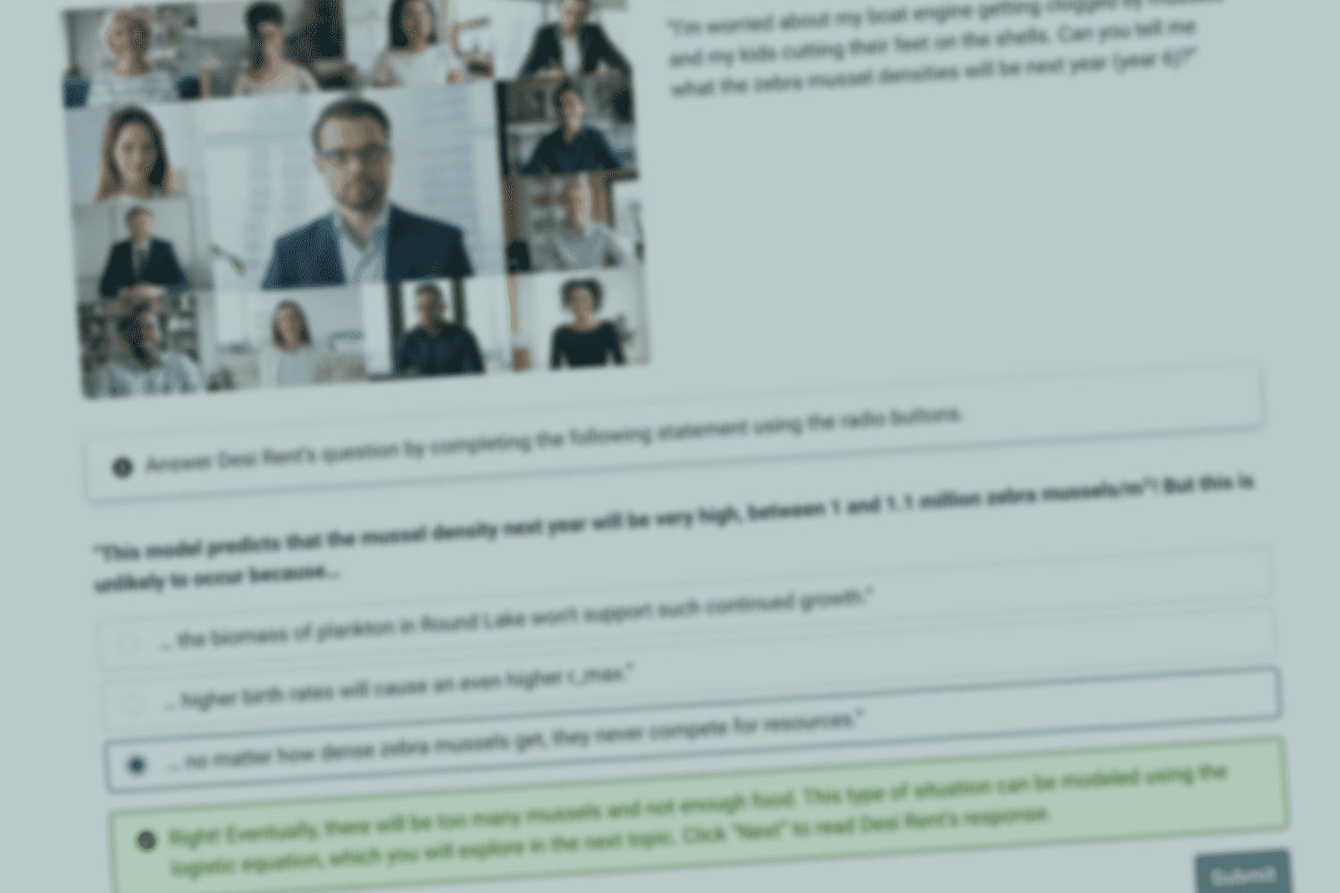 Screenshot of an online learning module about zebra mussel population growth, showing a multiple-choice question and a video call with several participants.