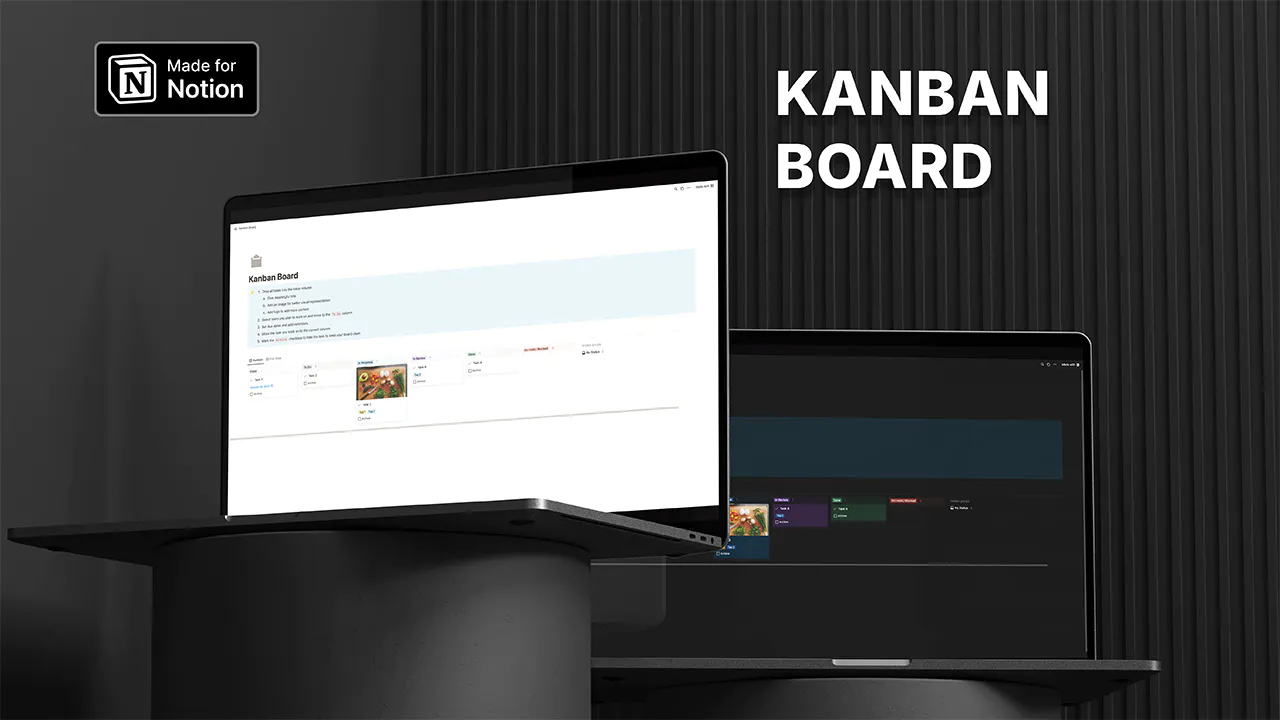  Kanban Board template displayed on laptop and tablet screens, showcasing project management columns and task cards for efficient task management and workflow visualization.