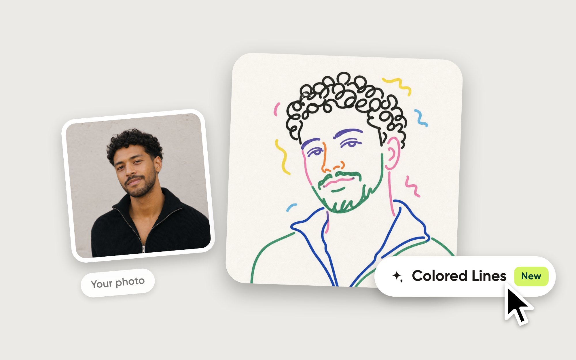A man's photo next to his Colored Lines version: loose marker lines in bright colours on off-white paper