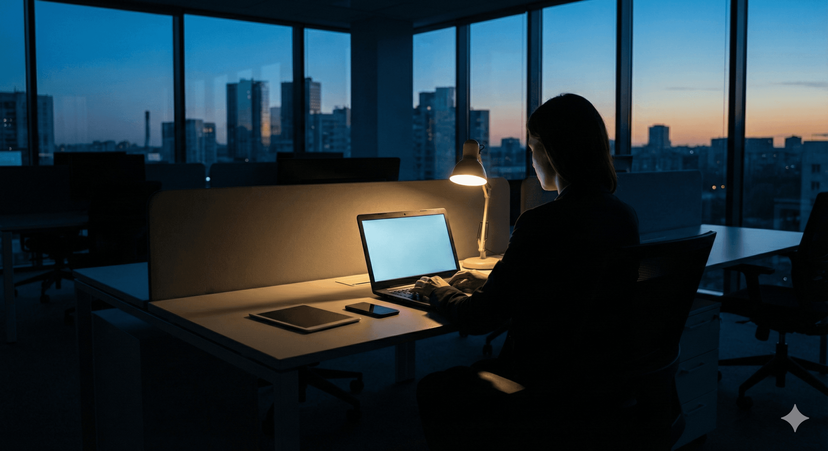A person works late in an office, illuminated by a desk lamp, with a laptop open in front of them, in a high-rise building overlooking a cityscape at dusk, illustrating themes of technology and security.