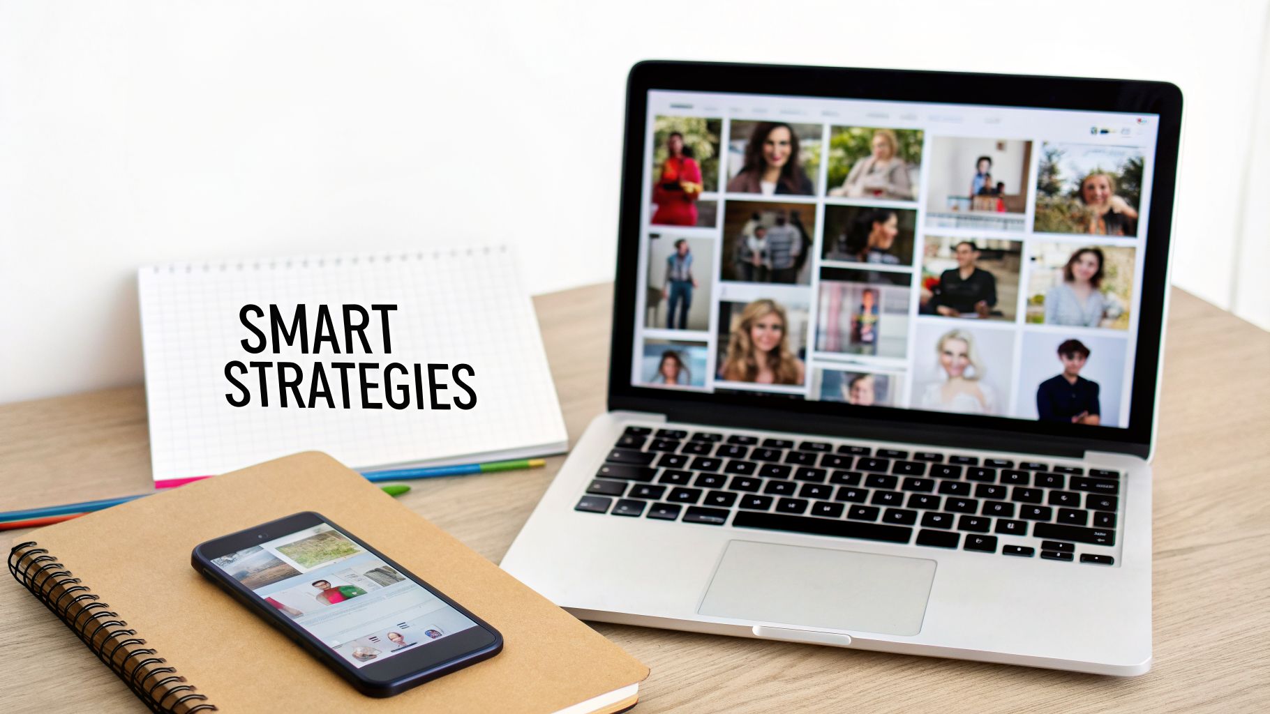 A desk with a laptop displaying a video call, a smartphone, and a notebook with 'SMART STRATEGIES'.