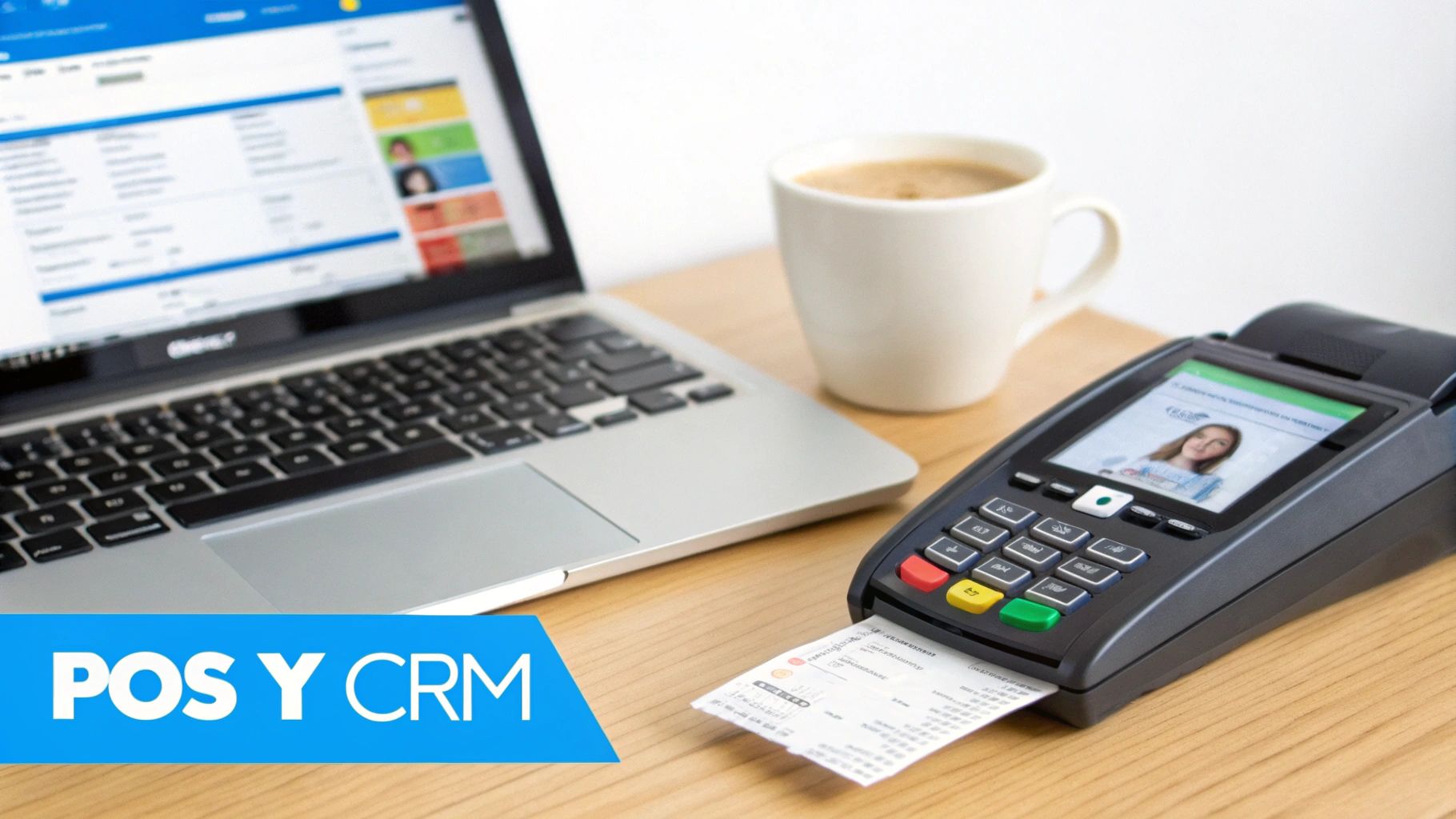 Laptop, taza de café y terminal POS imprimiendo un recibo, con enfoque en sistemas POS y CRM.