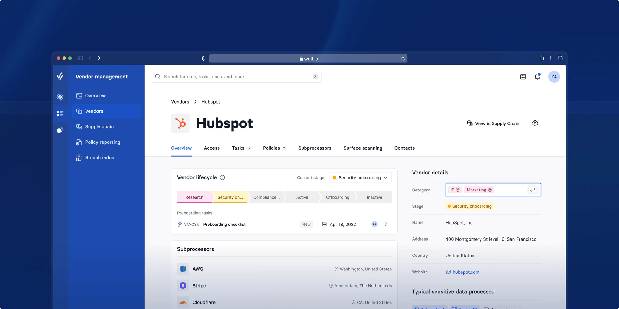 Vendor management dashboard on Wult.io for Hubspot, showing vendor lifecycle stages, subprocessors, and detailed vendor information, along with a blue sidebar for navigation.