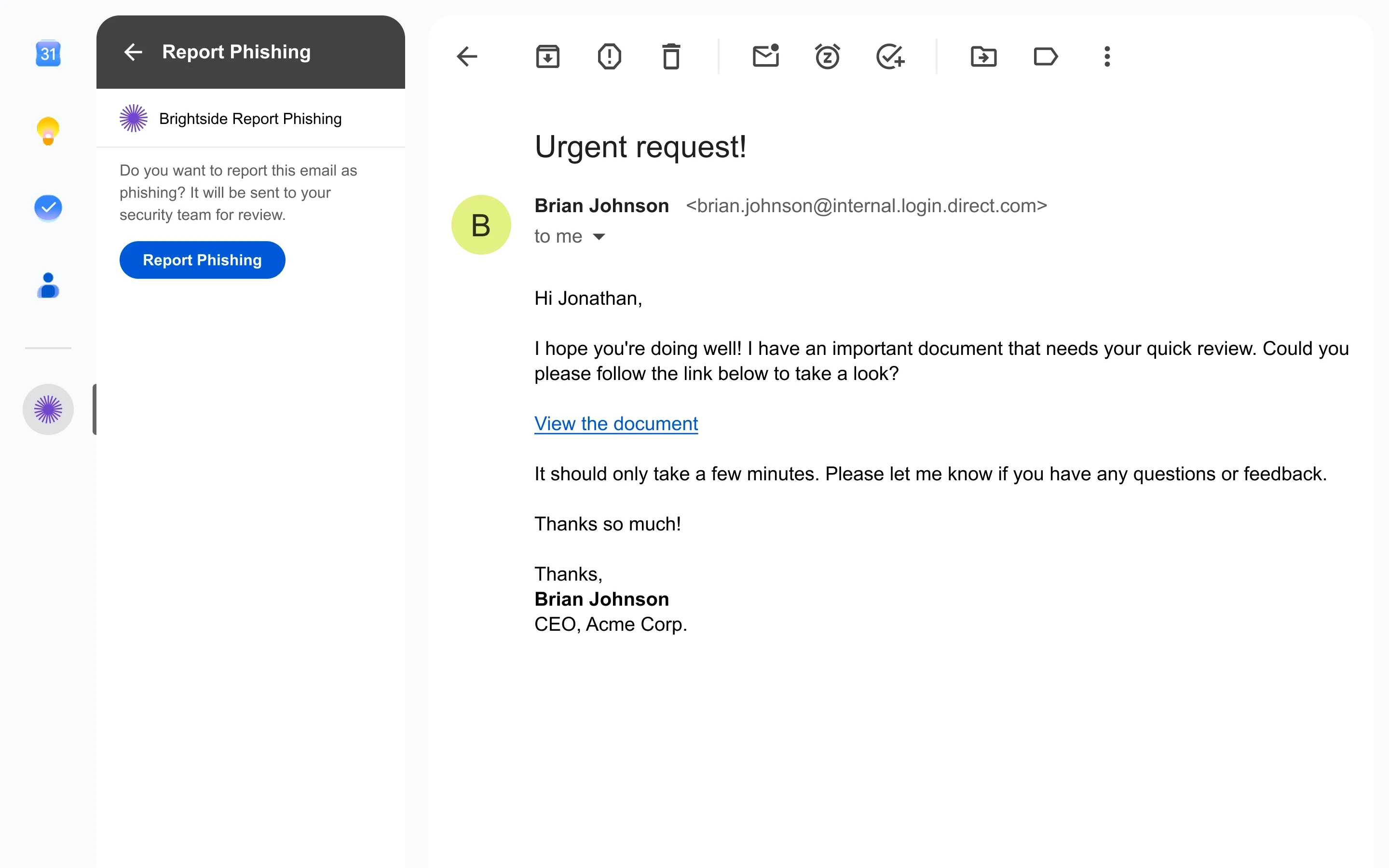 Brightside AI dashboard displaying medium vulnerability score of 47 with phishing simulation metrics