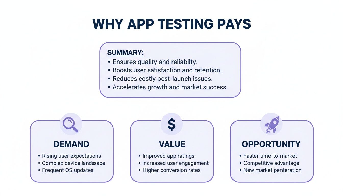 A diagram explaining why app testing pays, outlining its summary, demand, value, and opportunities.