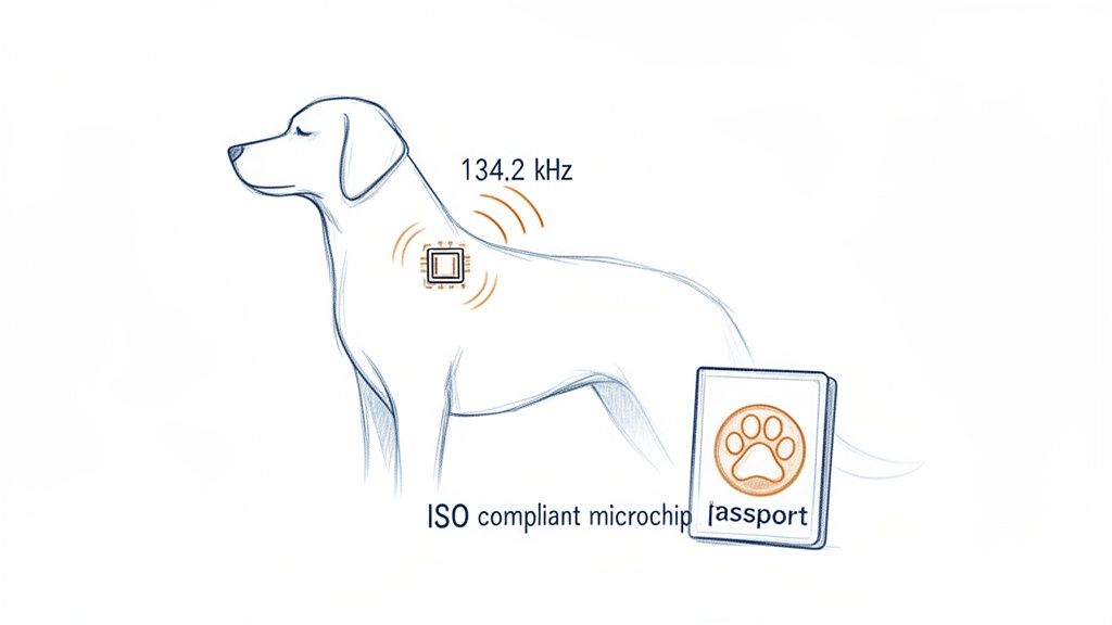 Illustration of a dog with an ISO compliant microchip emitting 134.2 kHz signals, alongside a pet passport.