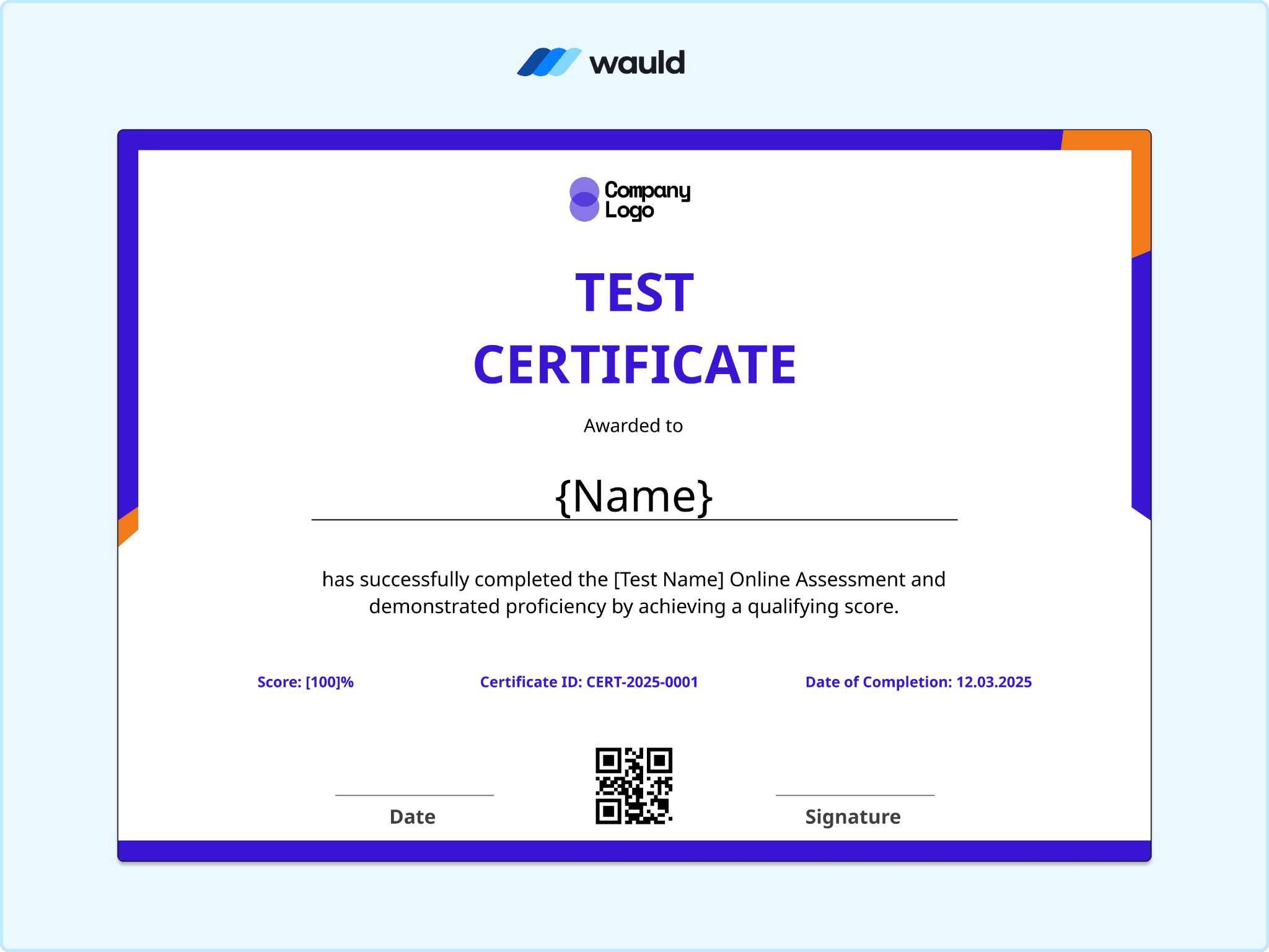 Test certificate template with dashed border and blue-orange corners