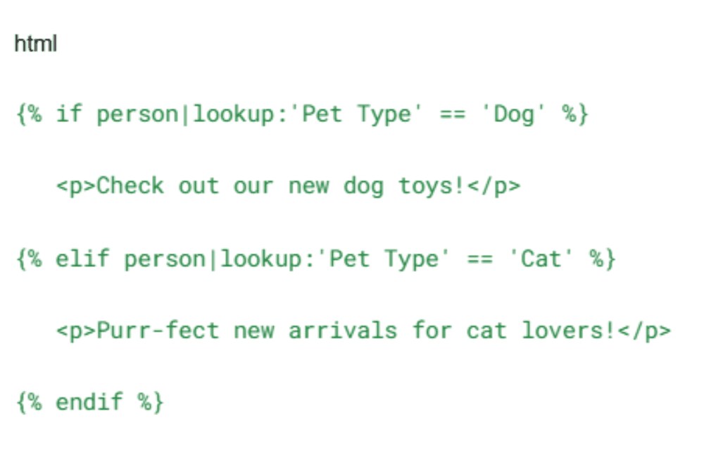 html.png – A code snippet showing how to use conditional logic in Klaviyo emails based on custom properties using Liquid syntax.