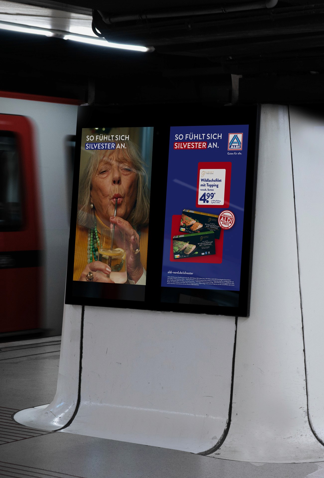 ALDI outdoor advertising campaign promoting festive food offers during the holiday season.