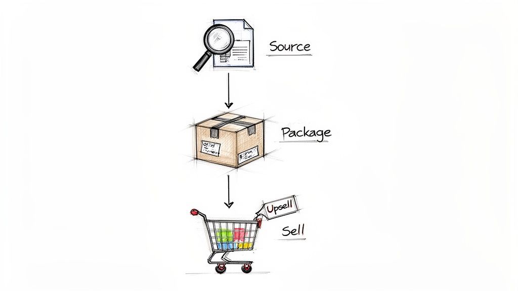 A flowchart illustrating the process of sourcing, packaging, and selling products with an upsell.