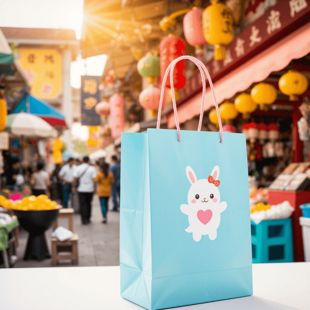 product photography of a decorative paper bag featuring a cute character design, suitable for gifting or carrying items