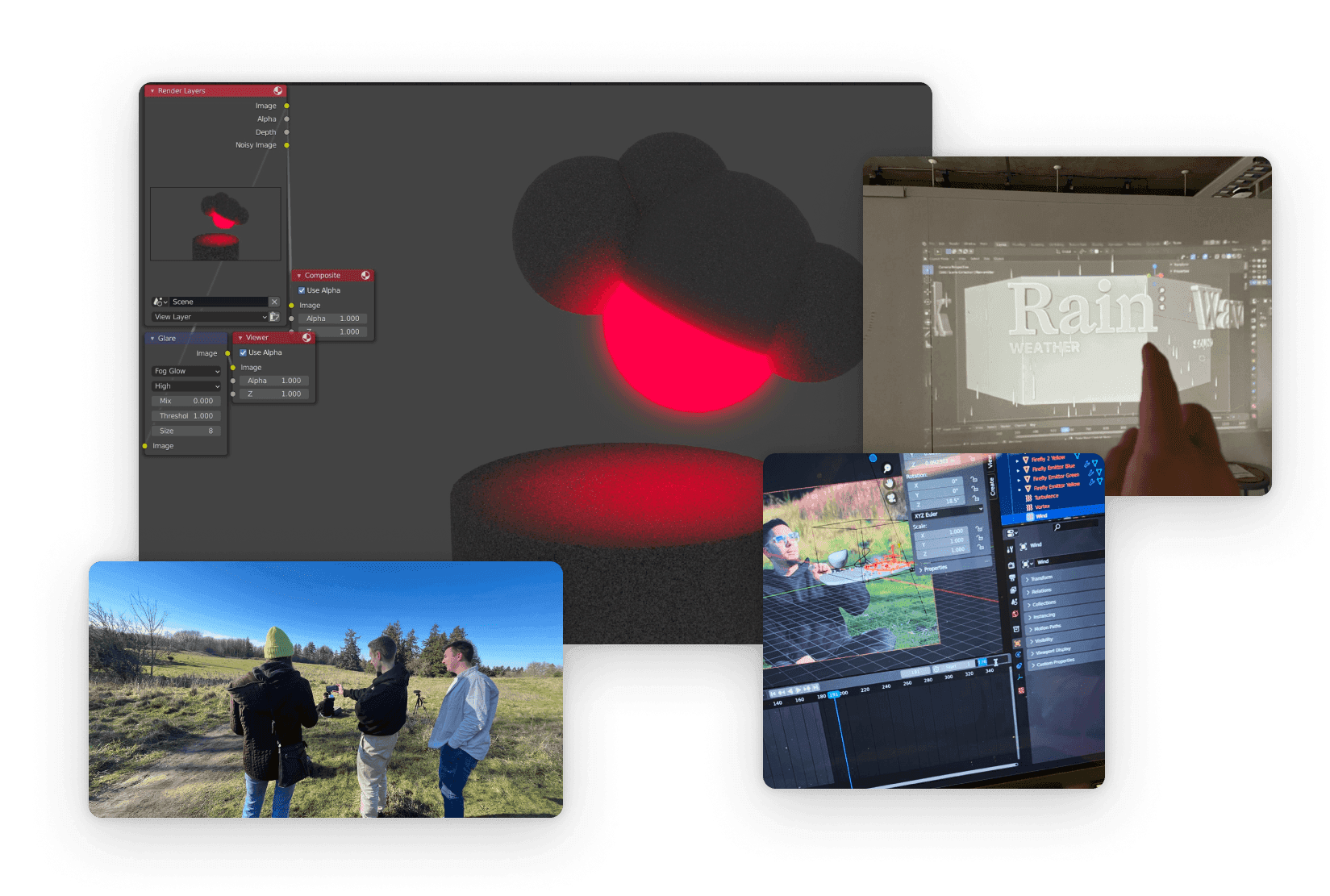 Collage of a 3D model of a cloud, a projection test, a VFX edit file, and a photo of people filming a video in a field