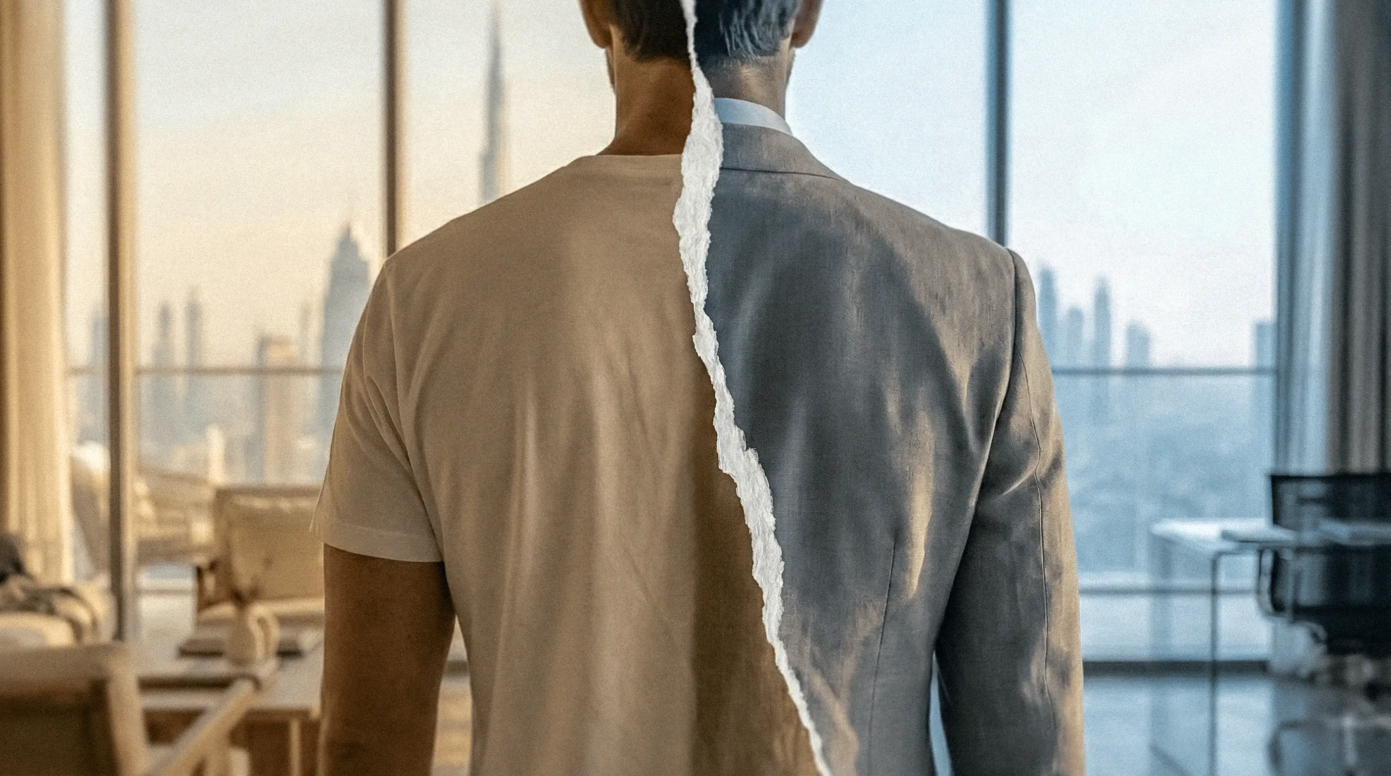 Persona dividida entre vida personal y profesional con el skyline de Dubái al fondo, simbolizando un cambio de modelo de vida.