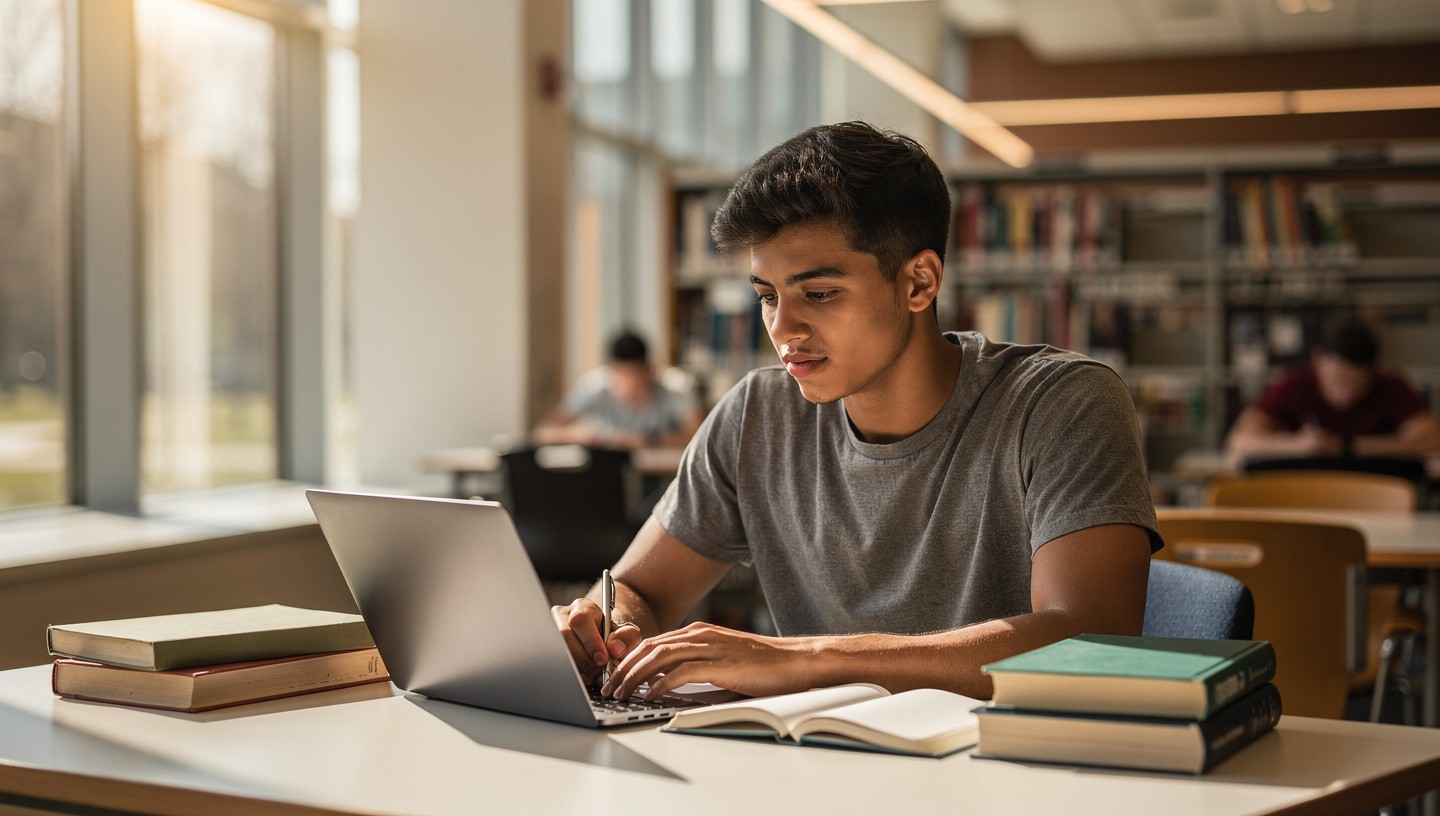 college student in library