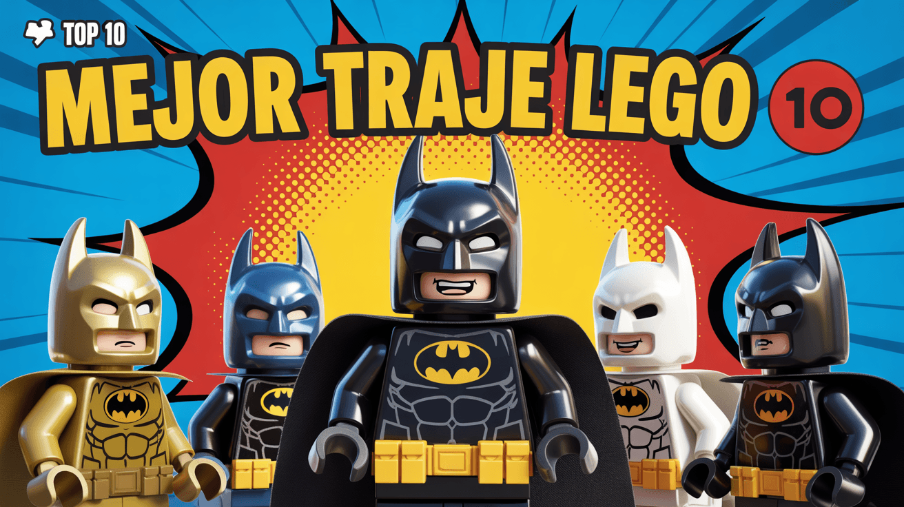 LEGO Batman surrounded by alternate suits with MEJOR TRAJE LEGO and TOP 10 badge
