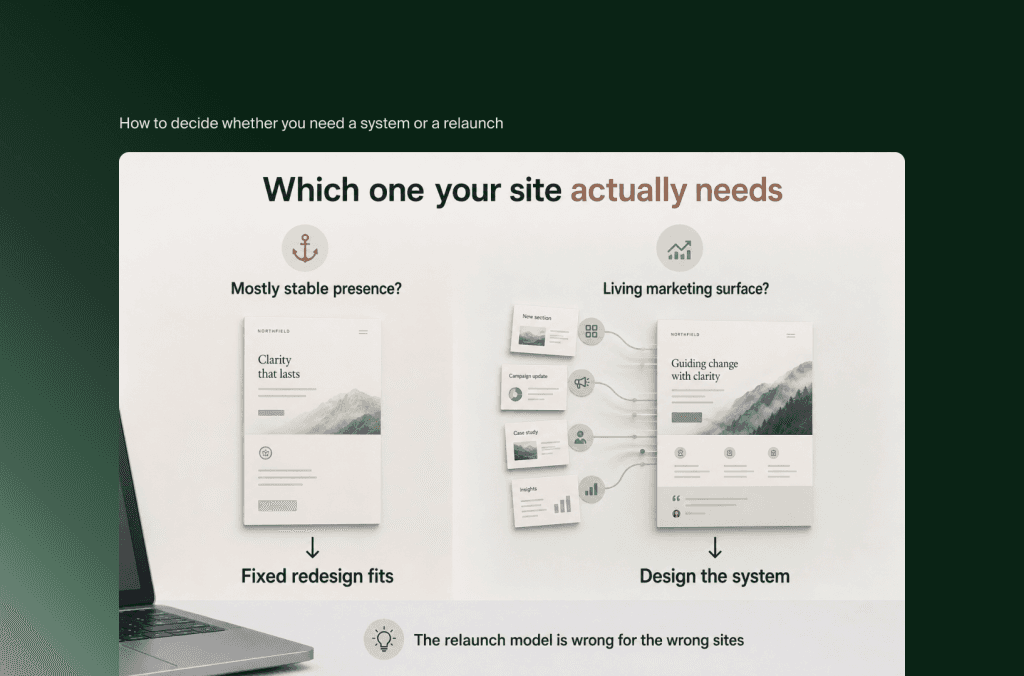 Entscheidungsgrafik: stabile Website passt zu festem Redesign, lebendige Marketing-Site braucht ein Designsystem