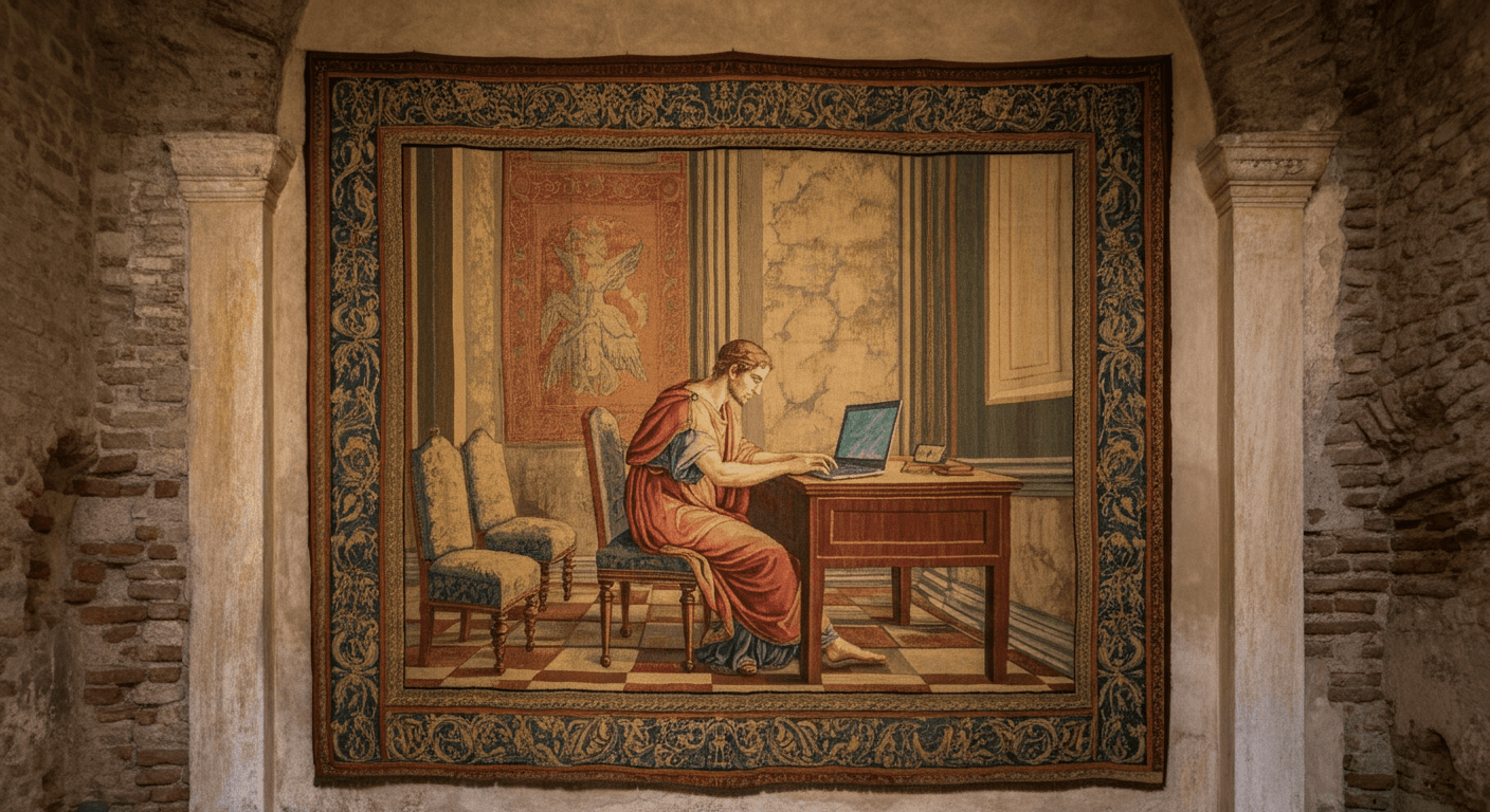 a tapestry image of a person sitting at a laptop