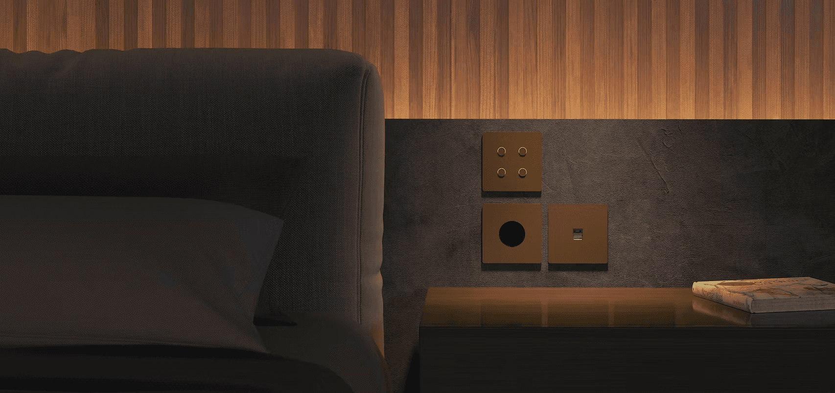 Modern wall plates with switches and outlets.