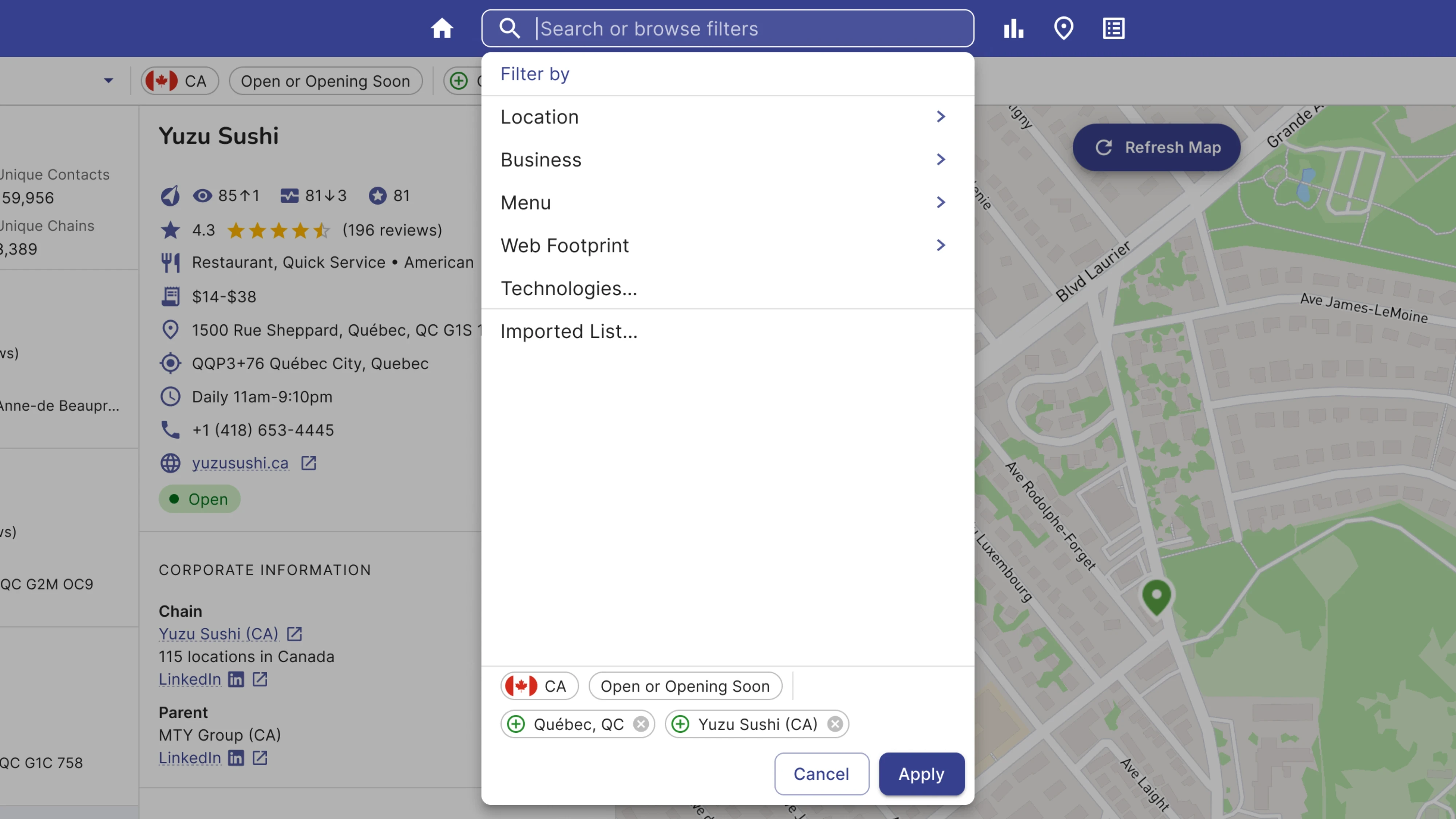 Dropdown showing category-based filtering options with chips accumulating as selections are made.