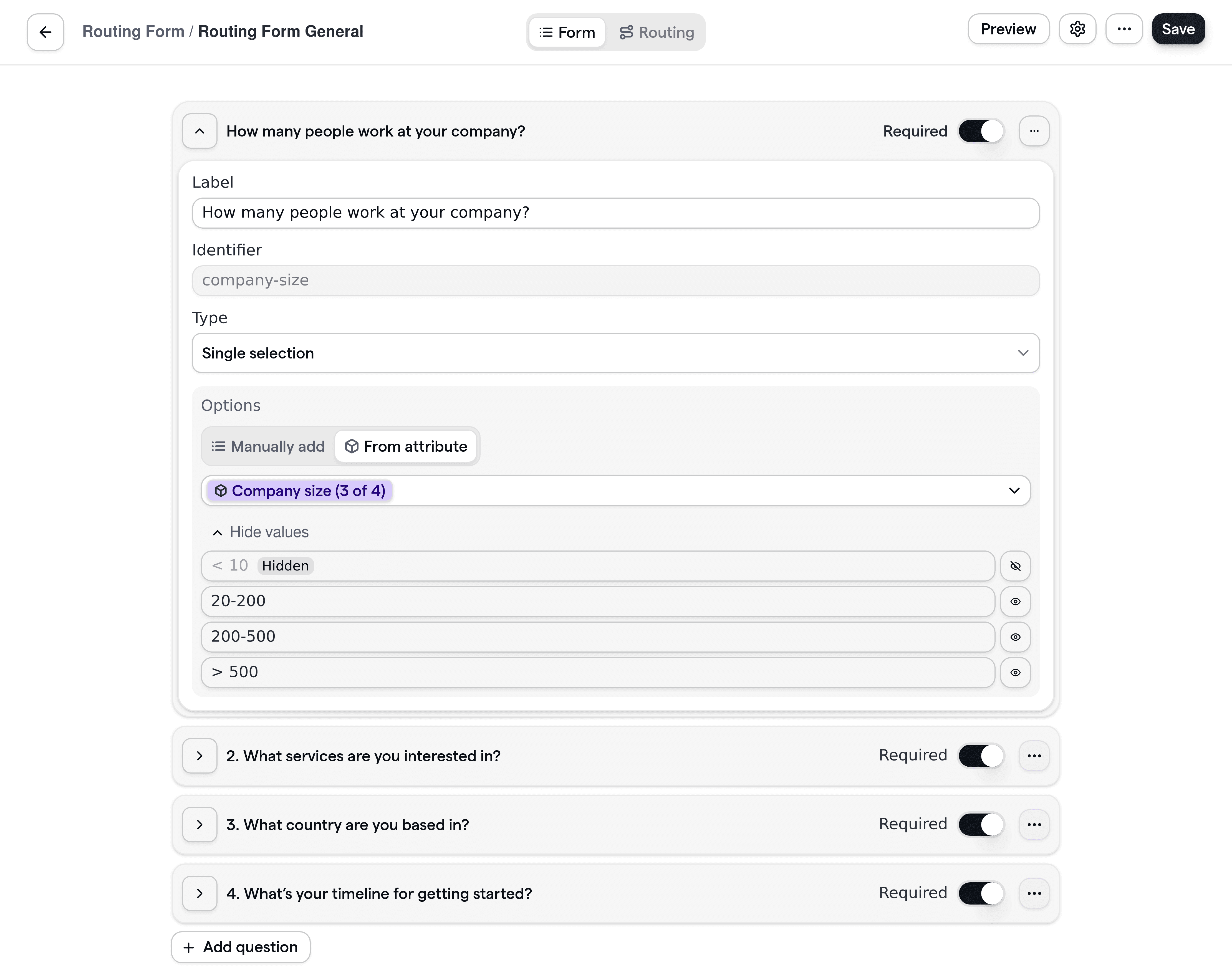 Cal.com routing form showcasing the creation of a customizable form for email marketing teams. The form allows users to define options and mark certain fields as required, focused on qualifying email marketing leads.