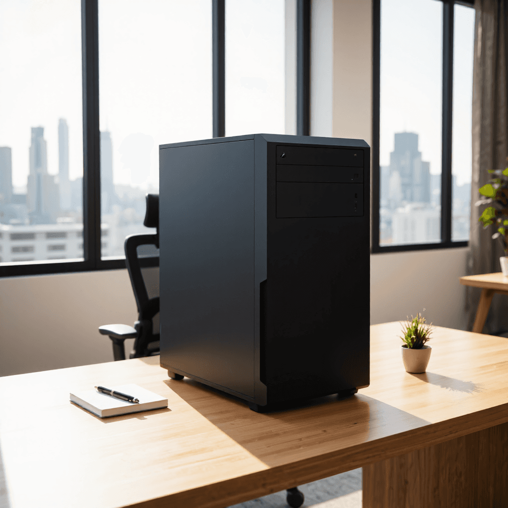 product photography of a desktop computer tower, used for computing tasks
