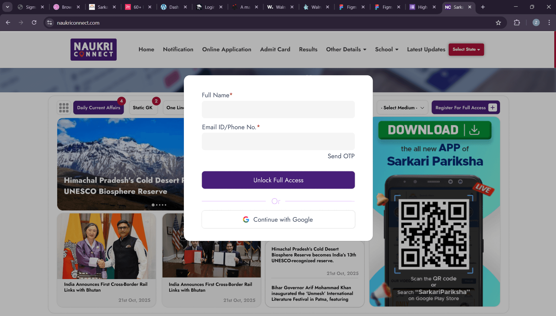 Registration modal with name, email or phone, OTP and Google sign-in