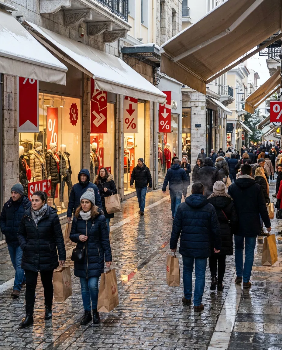Winter shopping scene in Greece during the seasonal sales period