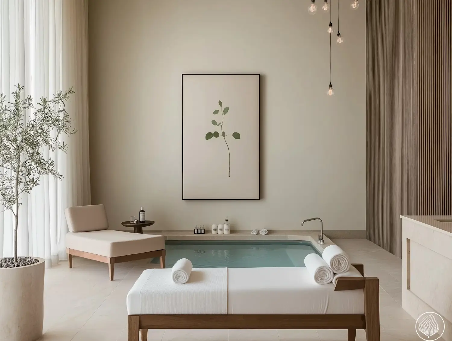 Minimalist spa room with plunge pool and loungers.