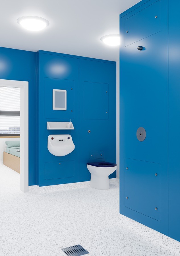 Pacific Hygipod Safe room layout including an clinical wash hand basin, toilet and show integrated plumbing systems.