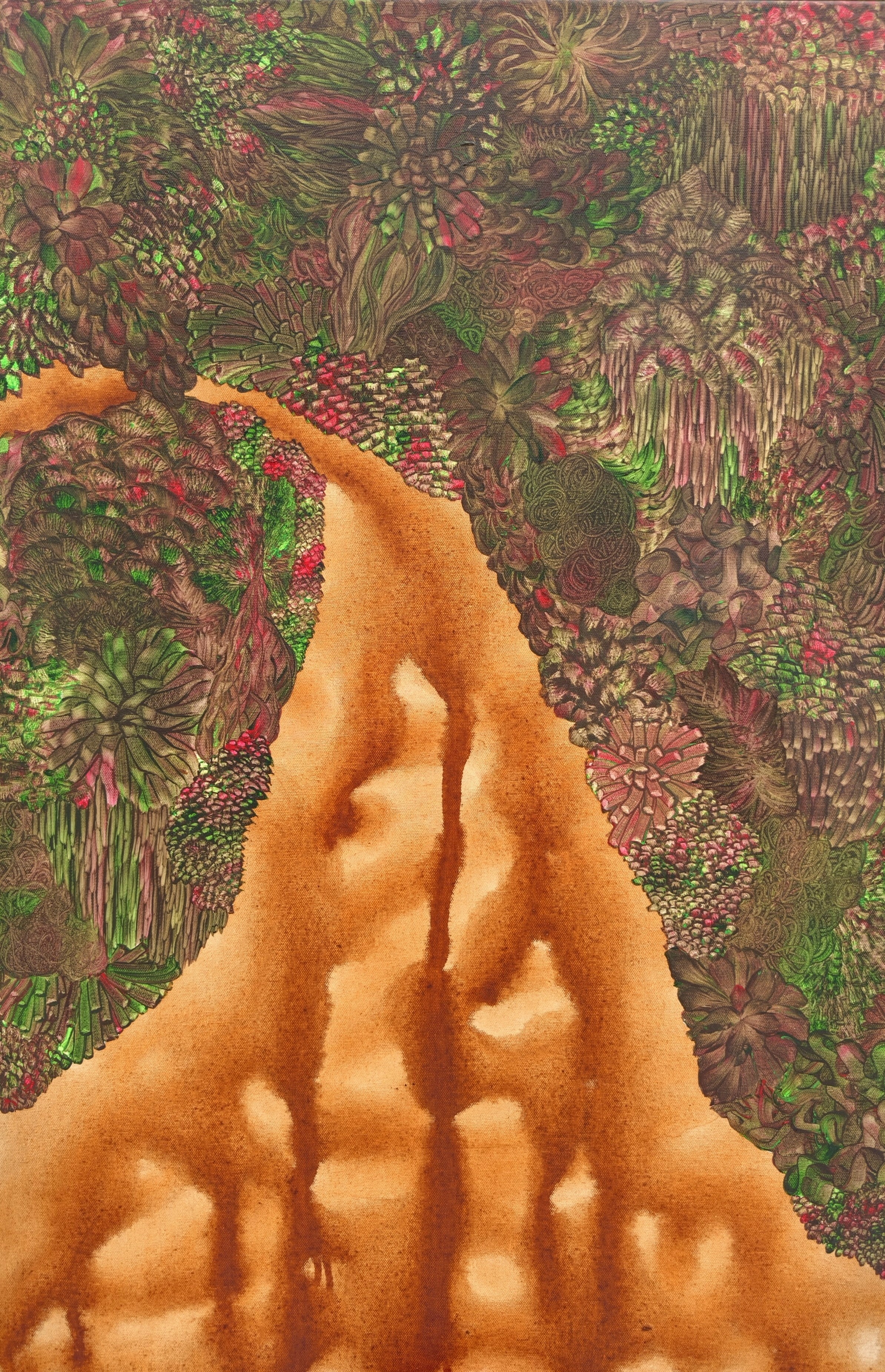 herd of sheep on road painting