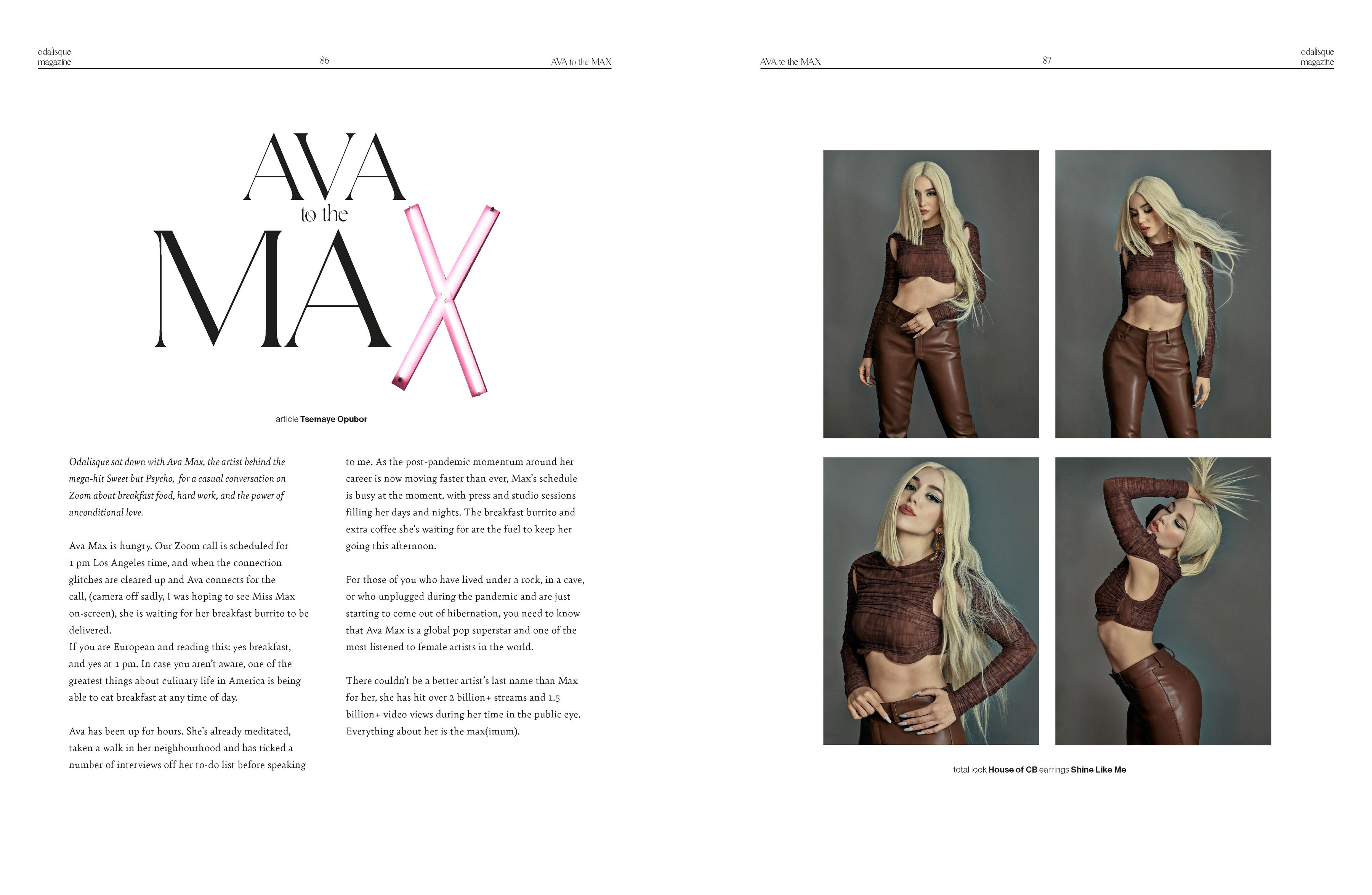 Ava Max interview with a large serif headline, two text columns and a four-image portrait sequence.