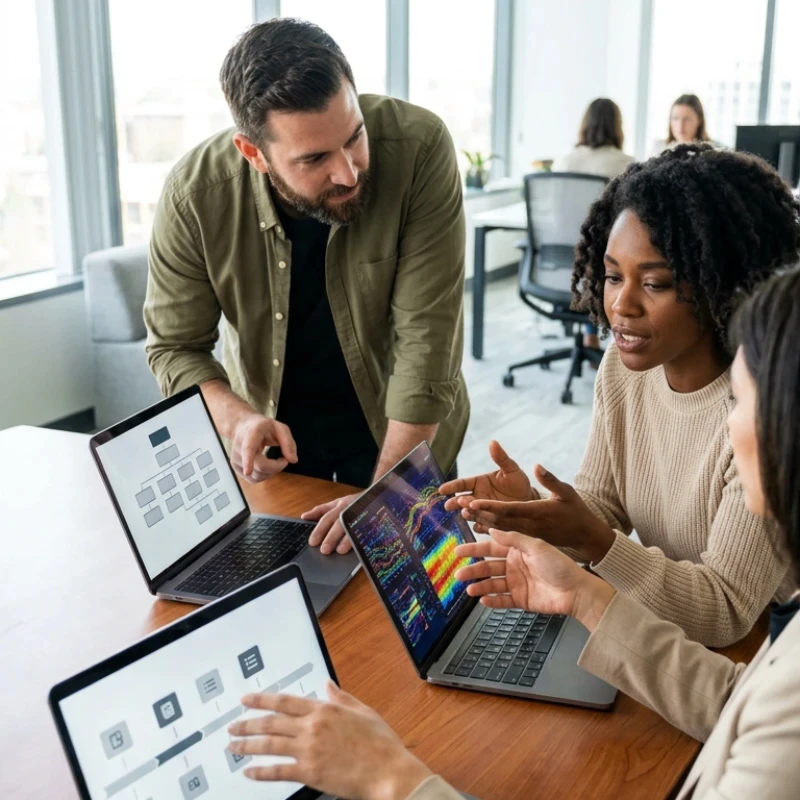 Équipe de créatifs en agence analysant des storyboards, des modélisations 3D et des palettes colorimétriques sur plusieurs écrans et supports papier, illustrant notre expertise en Production audiovisuelle pour donner vie à nos services en storytelling.
