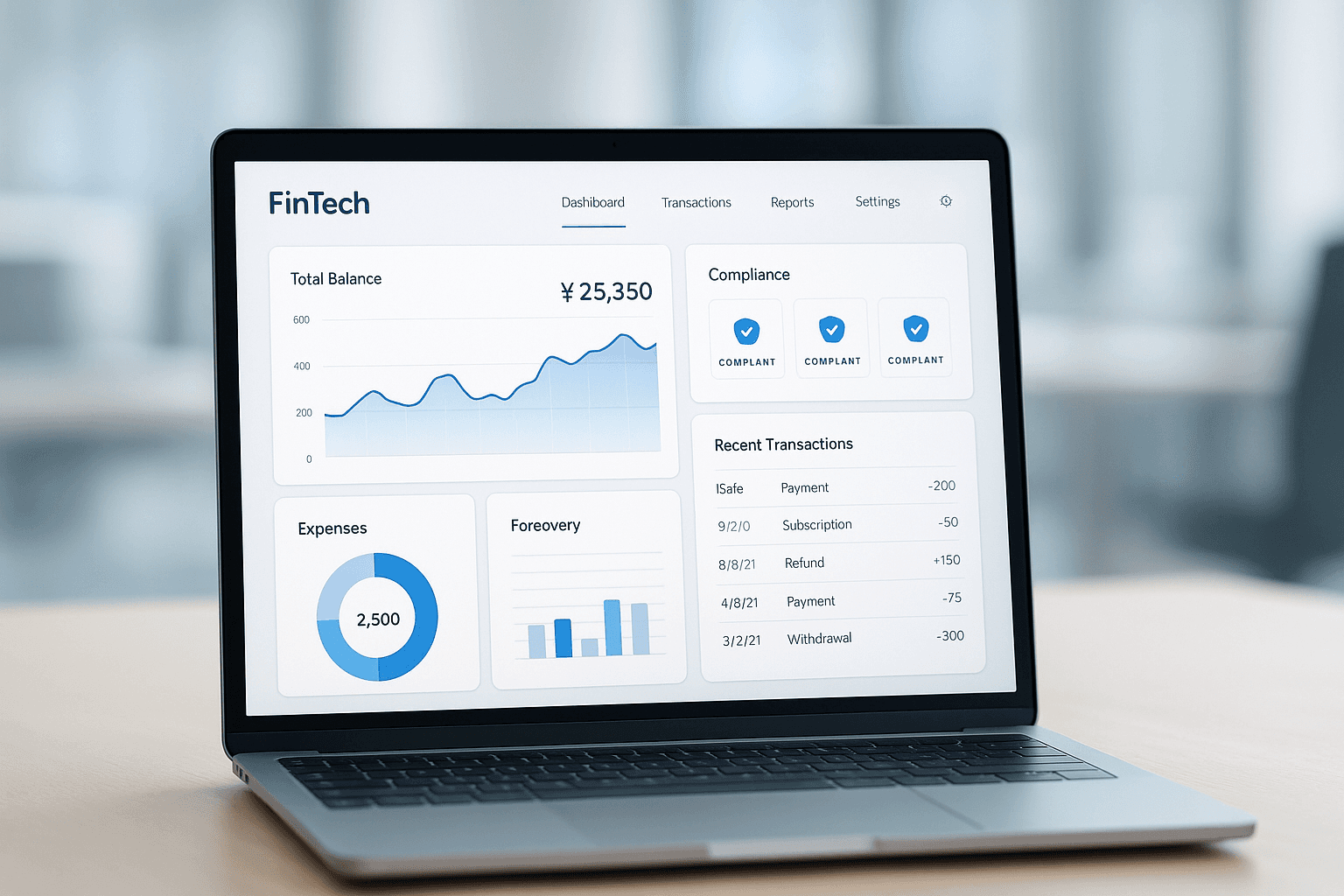 High-quality FinTech dashboard interface showing transactions, charts, and compliance alerts for secure and high-performance financial experiences.