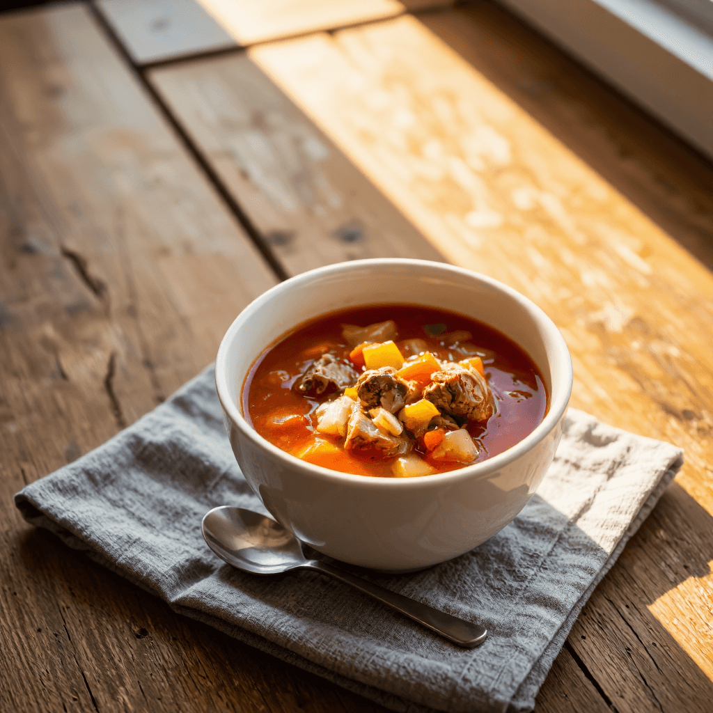 product photography of a bowl of soup with meat and vegetables