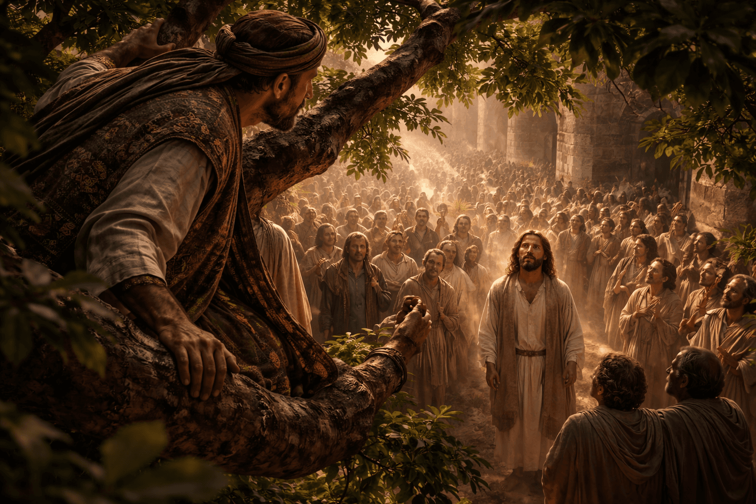 Cinematic image of Zacchaeus in a sycamore tree looking down at Jesus in Jericho, symbolising his encounter with Christ in the Gospel