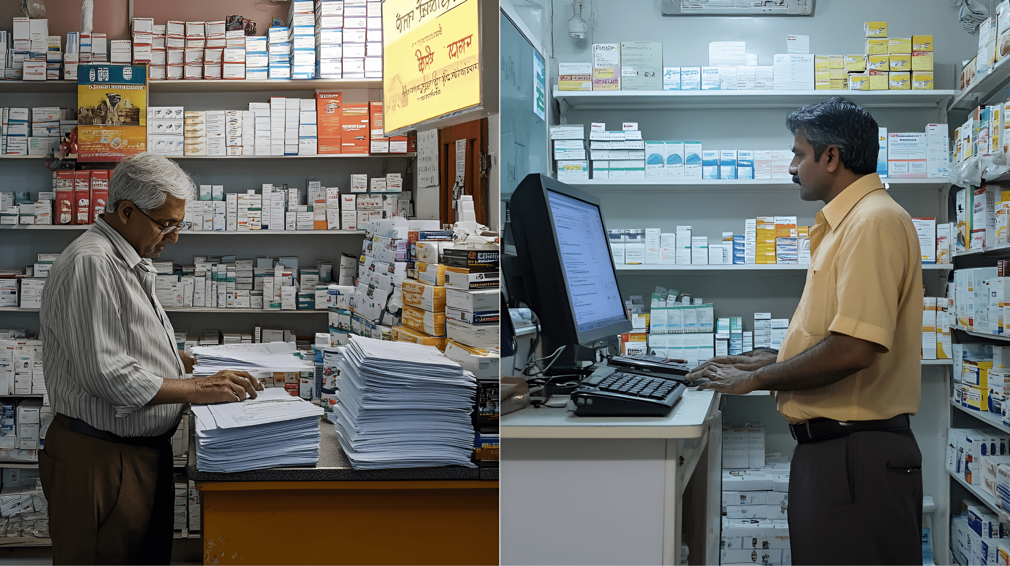 Comparison of traditional versus modern pharmacy operations. On the left, a pharmacist manages stacks of paper files and manual inventory records in a cluttered traditional pharmacy setup. On the right, a pharmacist efficiently operates a digital system using a computer in a well-organized, modern pharmacy environment, illustrating the transition from outdated methods to advanced pharmacy management systems., Pharmacy Startup Guide, How to Open a Pharmacy in India, Pharmacy Management Software, GST Compliant Pharmacy Billing, Pharmacy Business Tips, Inventory Management for Pharmacies, Step-by-Step Guide for Pharmacy Owners, Pharmacy Setup India, Digital Pharmacy Tools, Pharmacy Operations in India, Beginner’s Guide to Pharmacy Business, Streamline Pharmacy Management, Pharmacy Billing Solutions, Pharmacy Software India, Pharmacy Pro Solutions