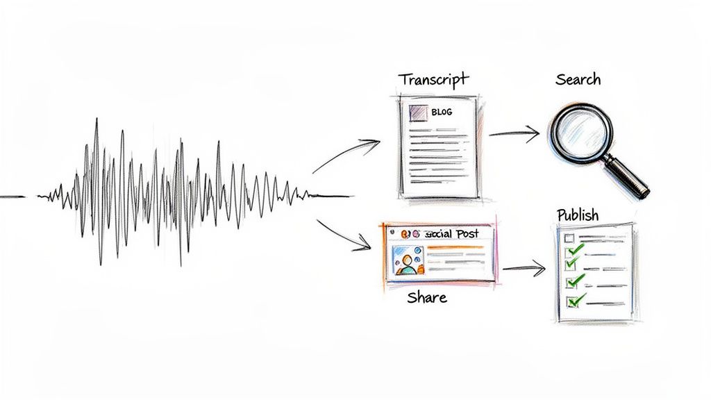 A workflow diagram illustrating audio conversion to text for blog transcripts, search, social media sharing, and publishing.