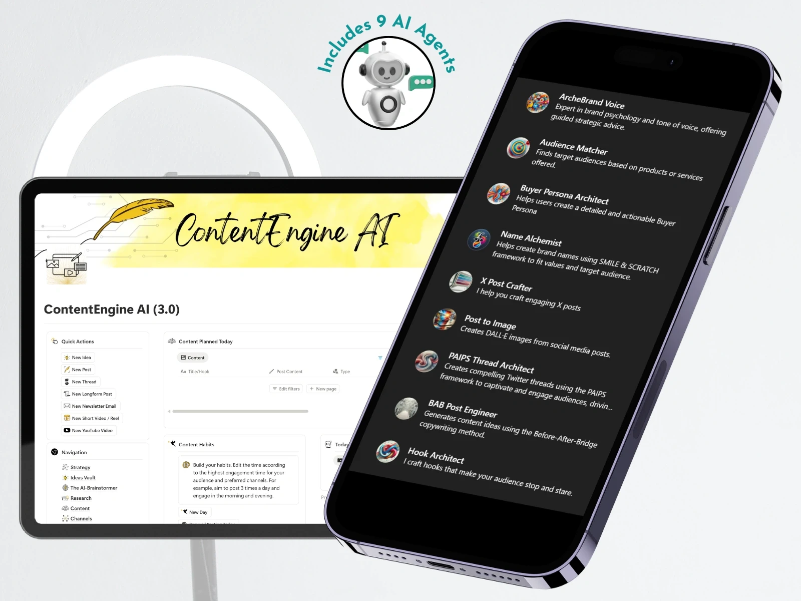 Mockup showing ContentEngine AI Notion dashboard on a tablet and AI assistant list on a phone screen, highlighting its 9 custom GPT agents.