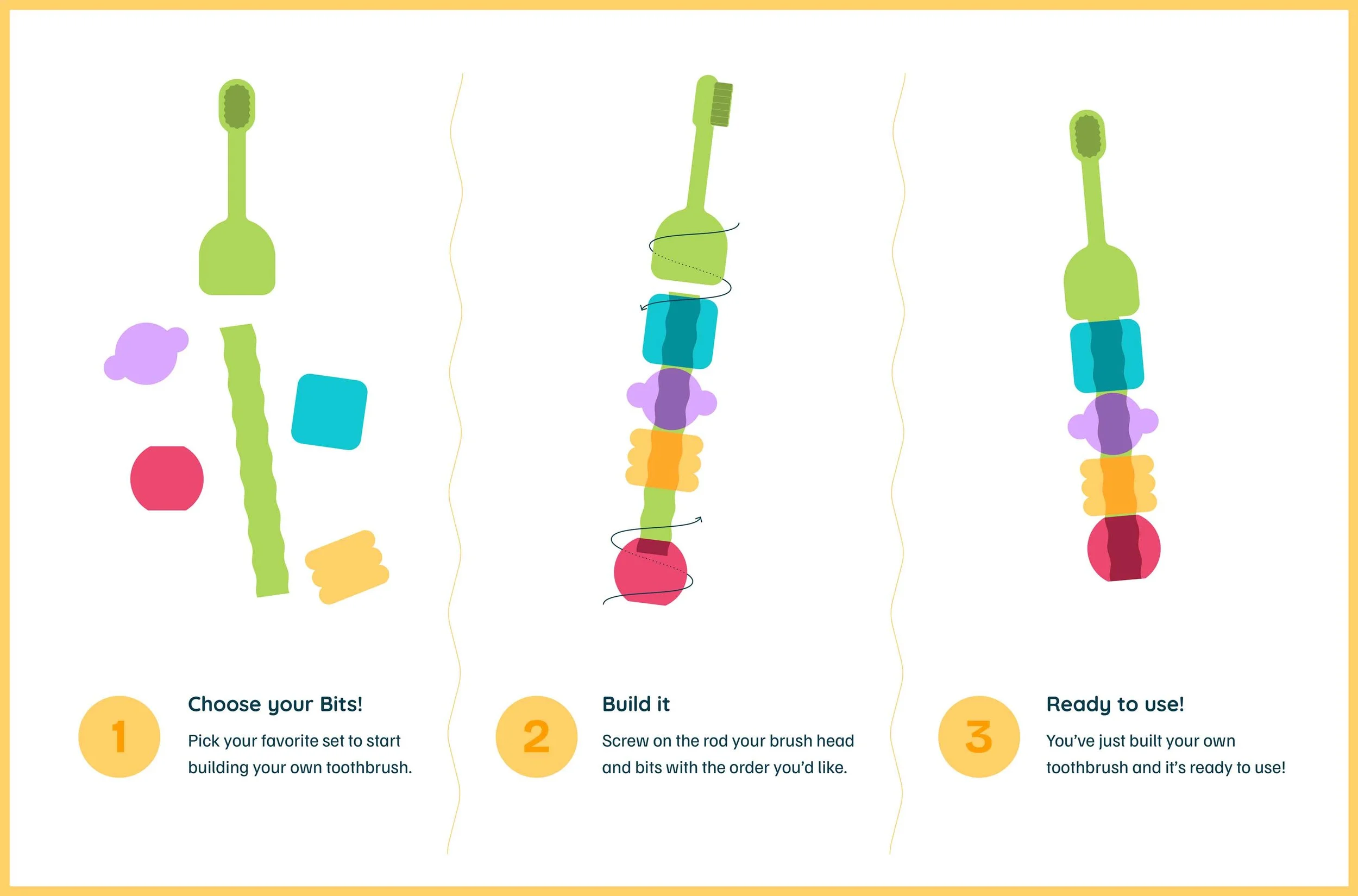 Three-step BABSY Build-A-Brush assembly guide showing interchangeable toothbrush pieces