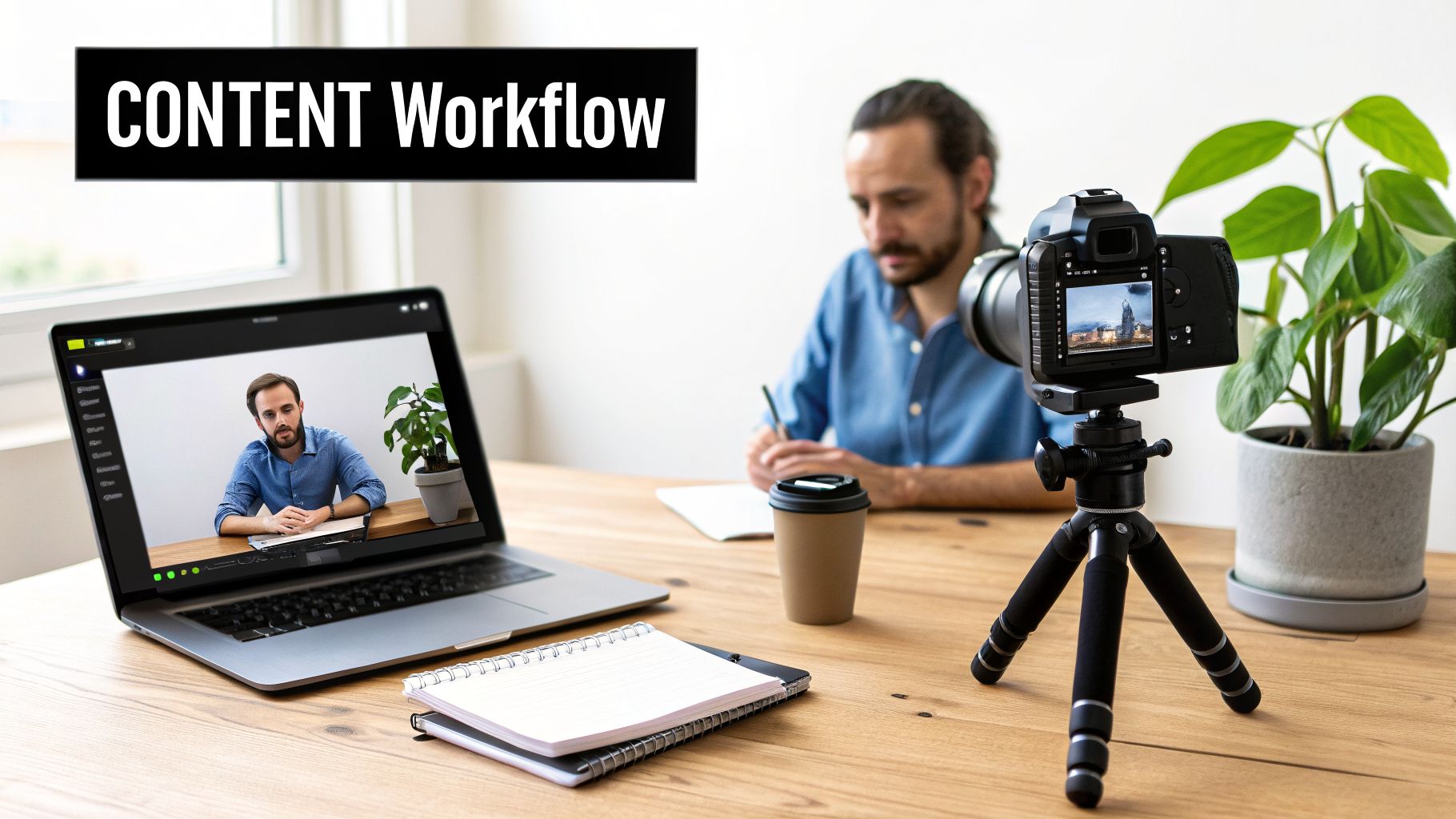 A man records a video with a camera, while his image is displayed on a laptop, illustrating a content workflow.