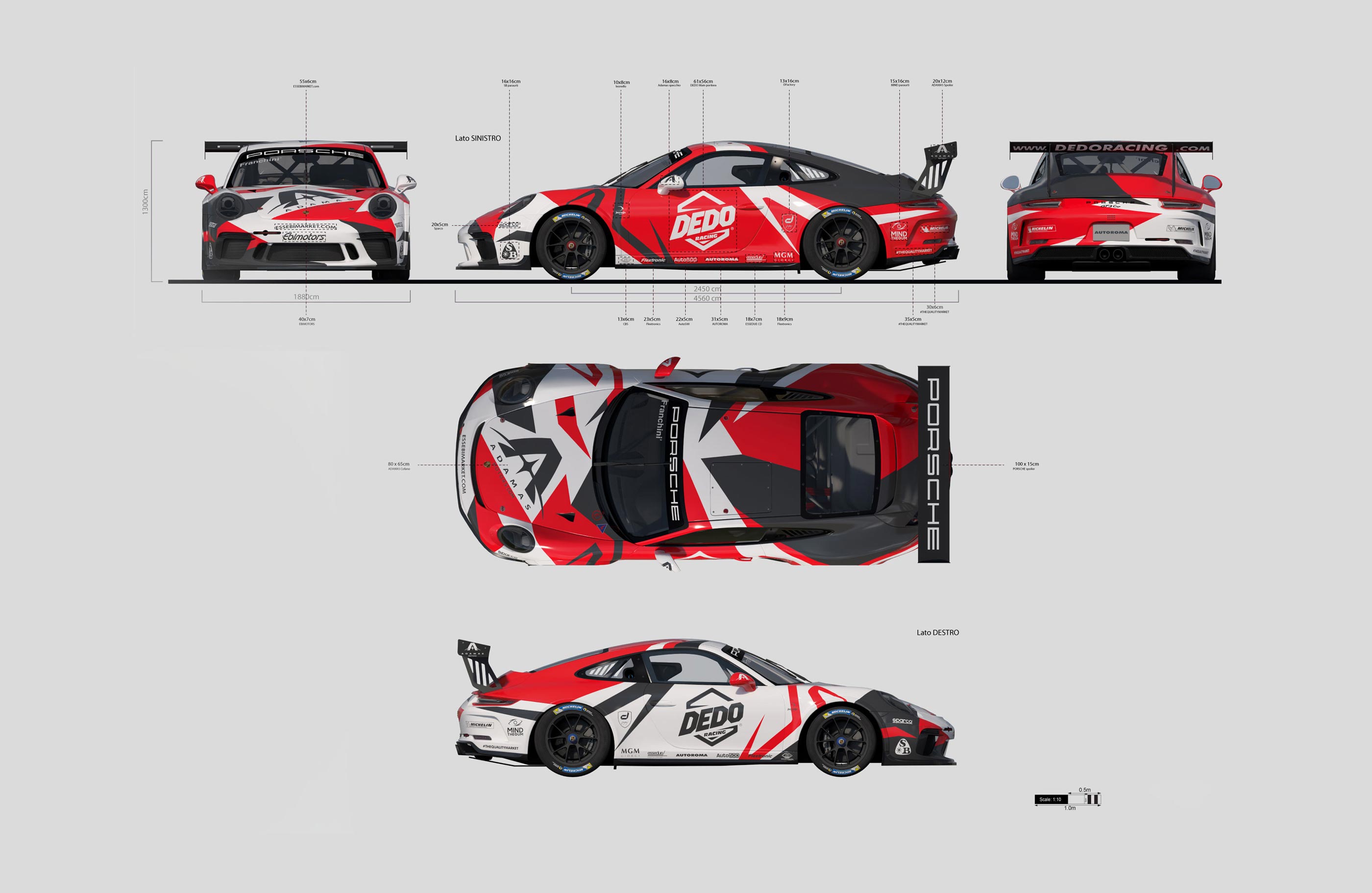 Technical overview of custom Dedo Racing Porsche 911 livery, all orthographic views