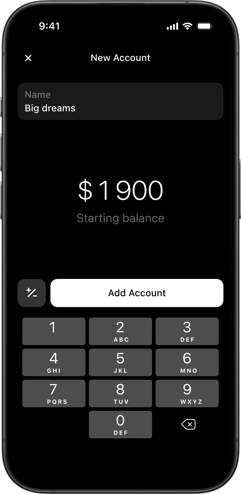 New financial account creation flow in the Wudget budgeting app with custom balance setup and account naming.