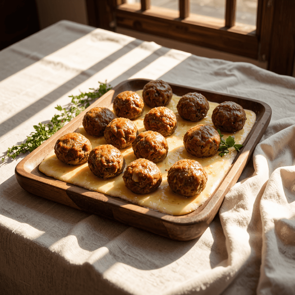 product photography of a plate of baked meatballs on a cheesy base