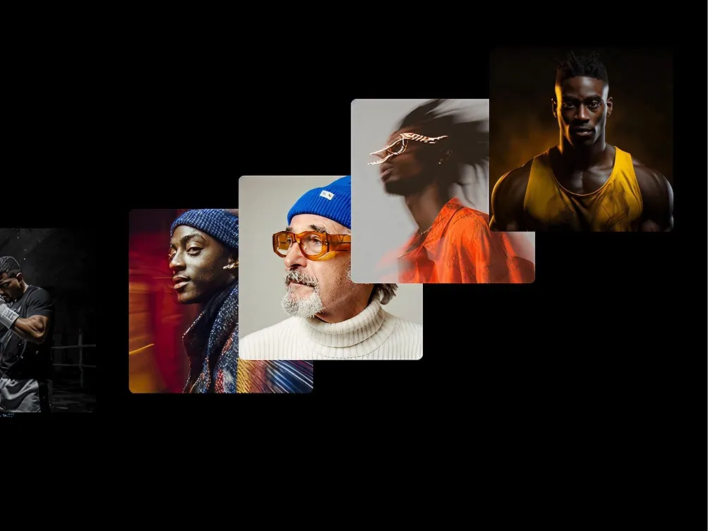 Portrait collage of diverse individuals on a black background.